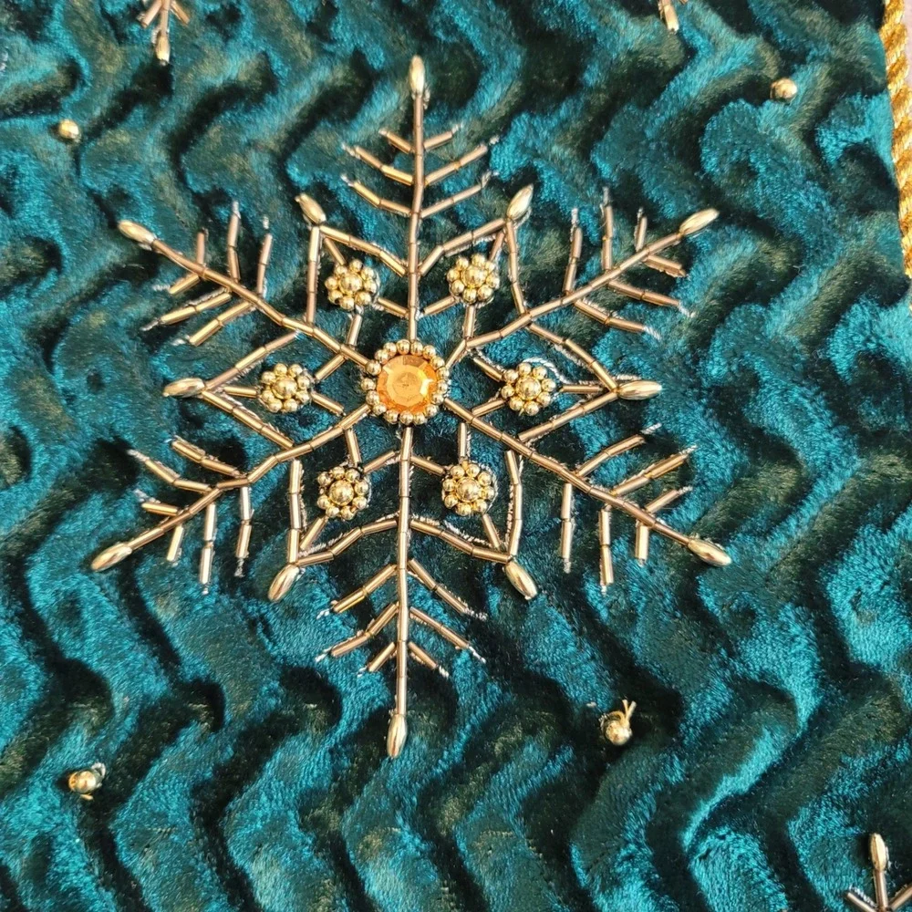 Holiday Style Velvet Christmas Stocking Green Red Gold Snowflake Beaded 8x19 NEW